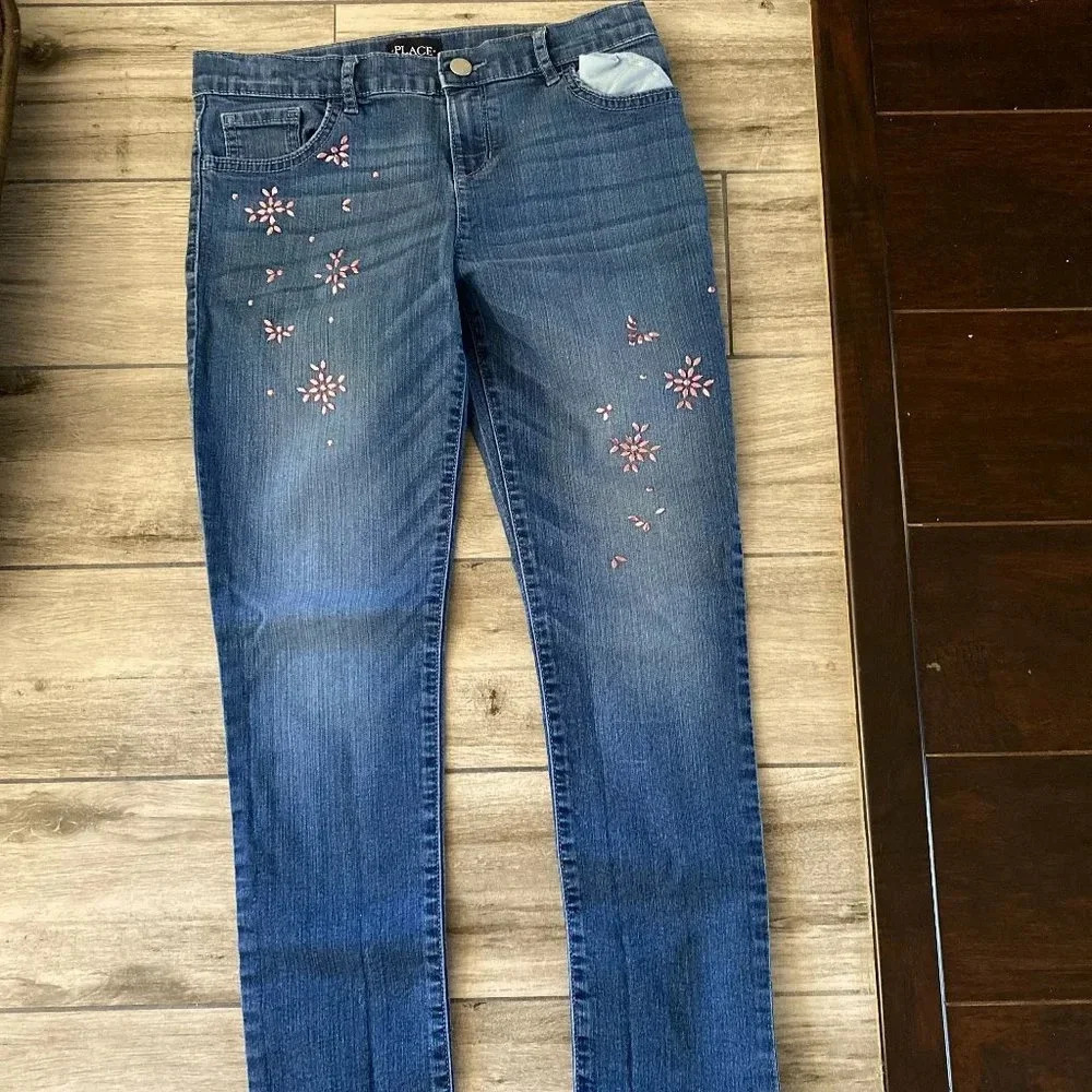 The Children's Place Girls Size 14 Denim Jeans with Purple/pink beaded design